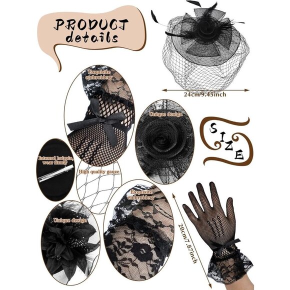 4 Pcs Tea Party Hat and Gloves Set for Women Vintage Costume Accessories main image 7
